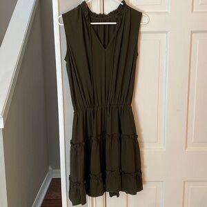I don’t know the brand of this dress. It’s a good dark olive green.
